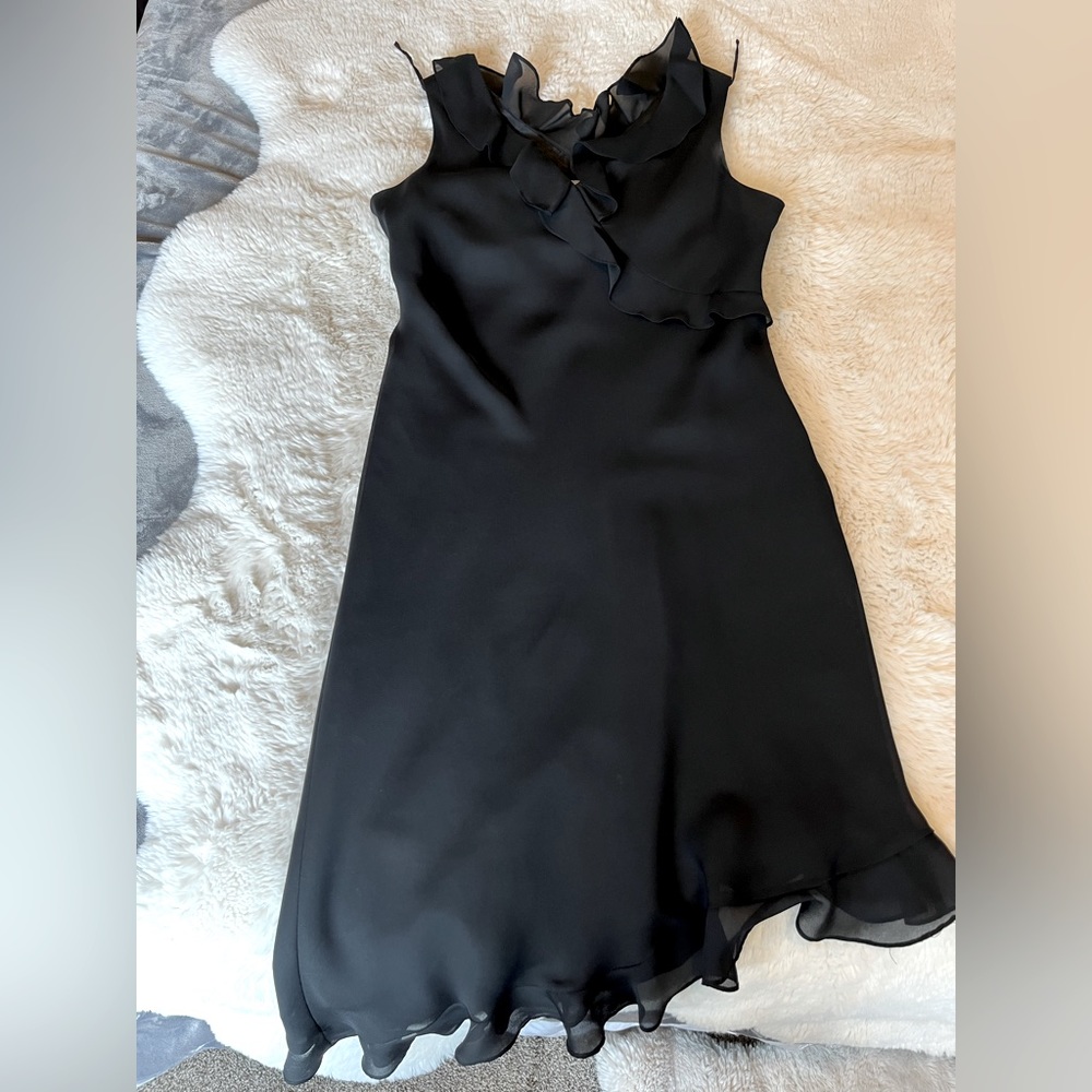 Asymmetric hem, ruffle neck/hem black dress
